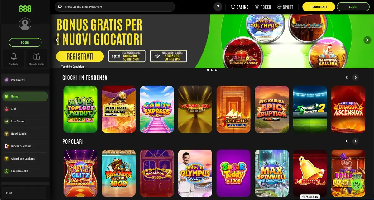Vista della home di 888casino con il bonus di benvenuto