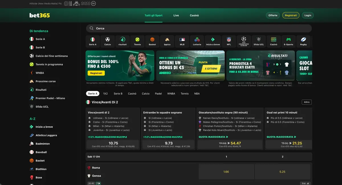 Vista della home di bet365 con il bonus di benvenuto