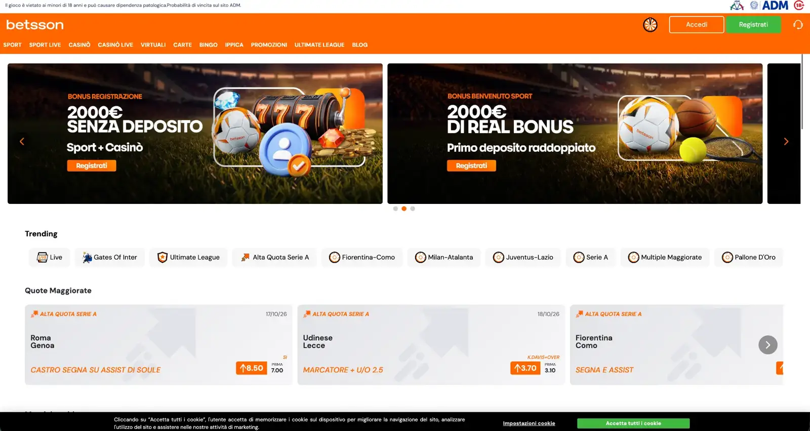 Vista della home di Betsson con il bonus di benvenuto