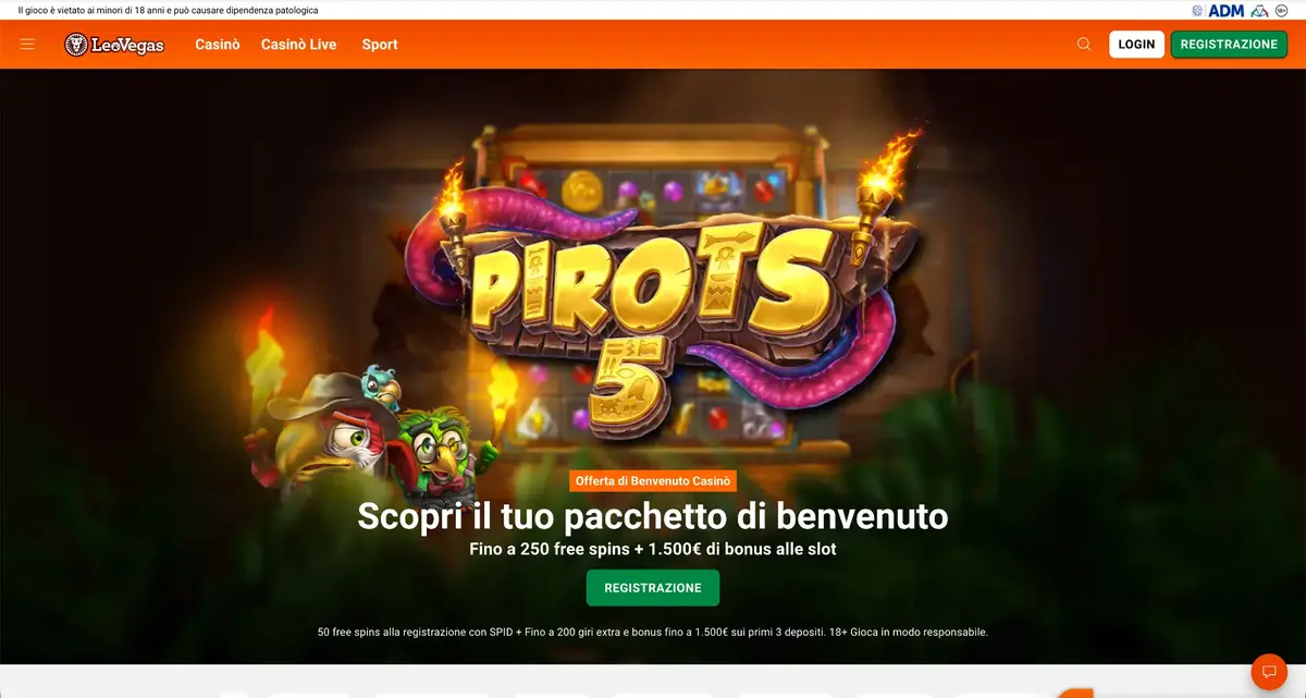 Vista della home di LeoVegas con il bonus di benvenuto