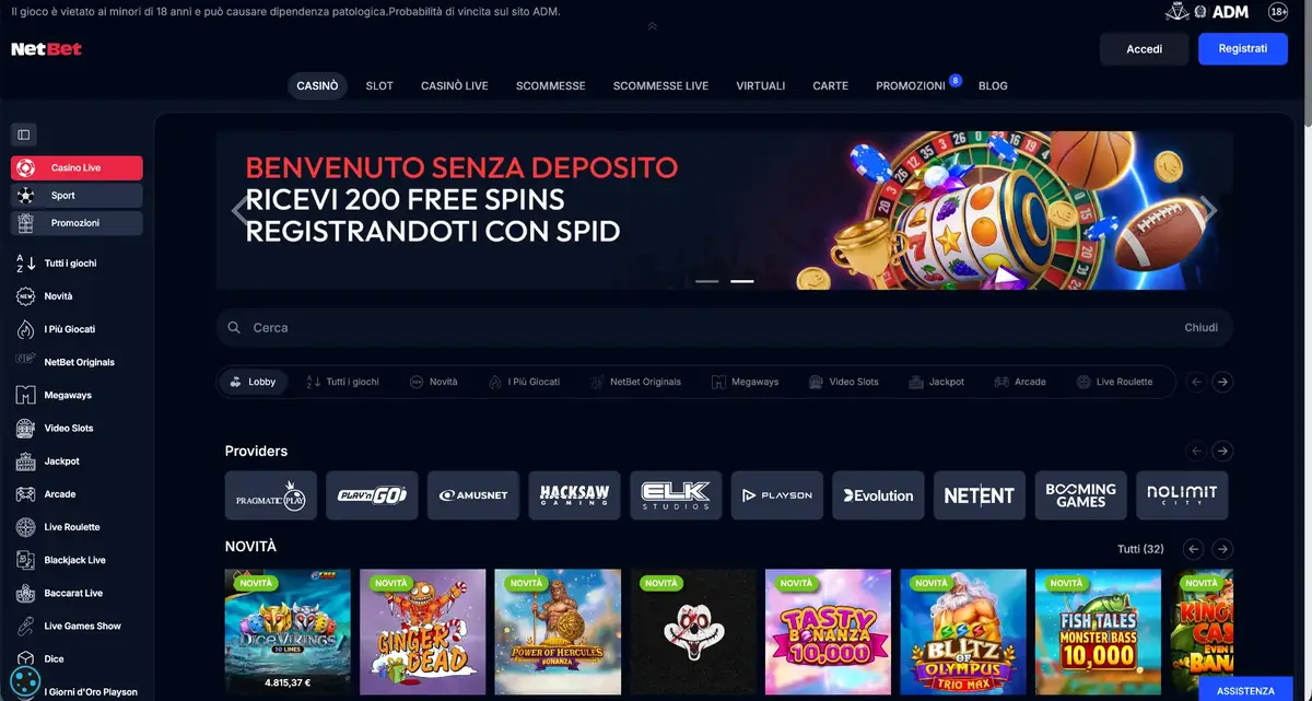 Vista della home di NetBet con il bonus di benvenuto