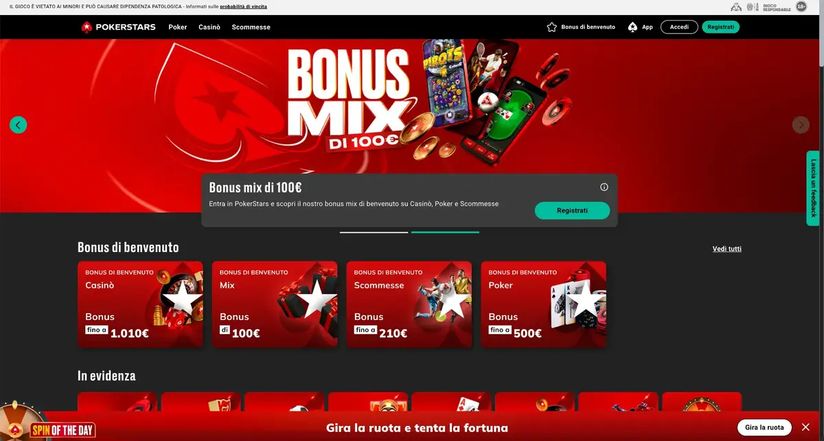 Vista della home di PokerStars con il bonus di benvenuto