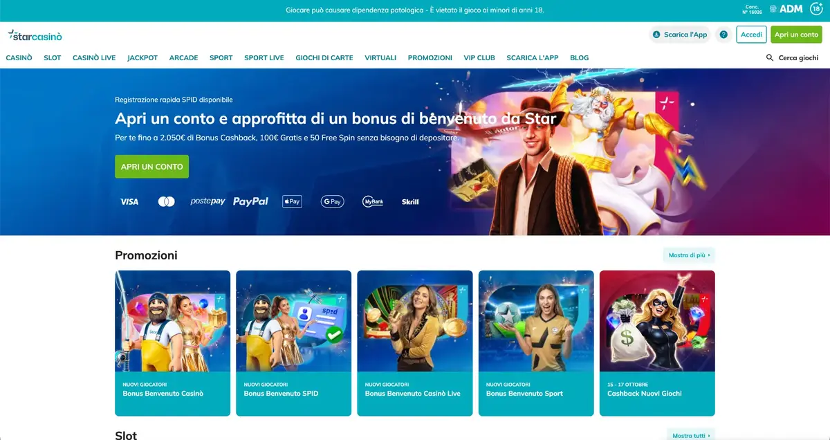 Vista della home di StarCasinò con il bonus di benvenuto
