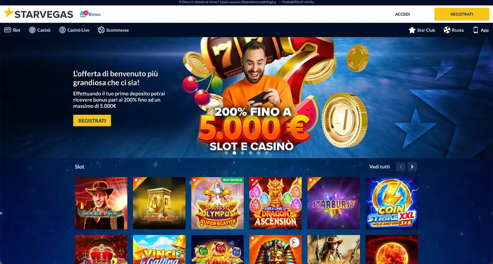 Vista della home di StarVegas con il bonus di benvenuto