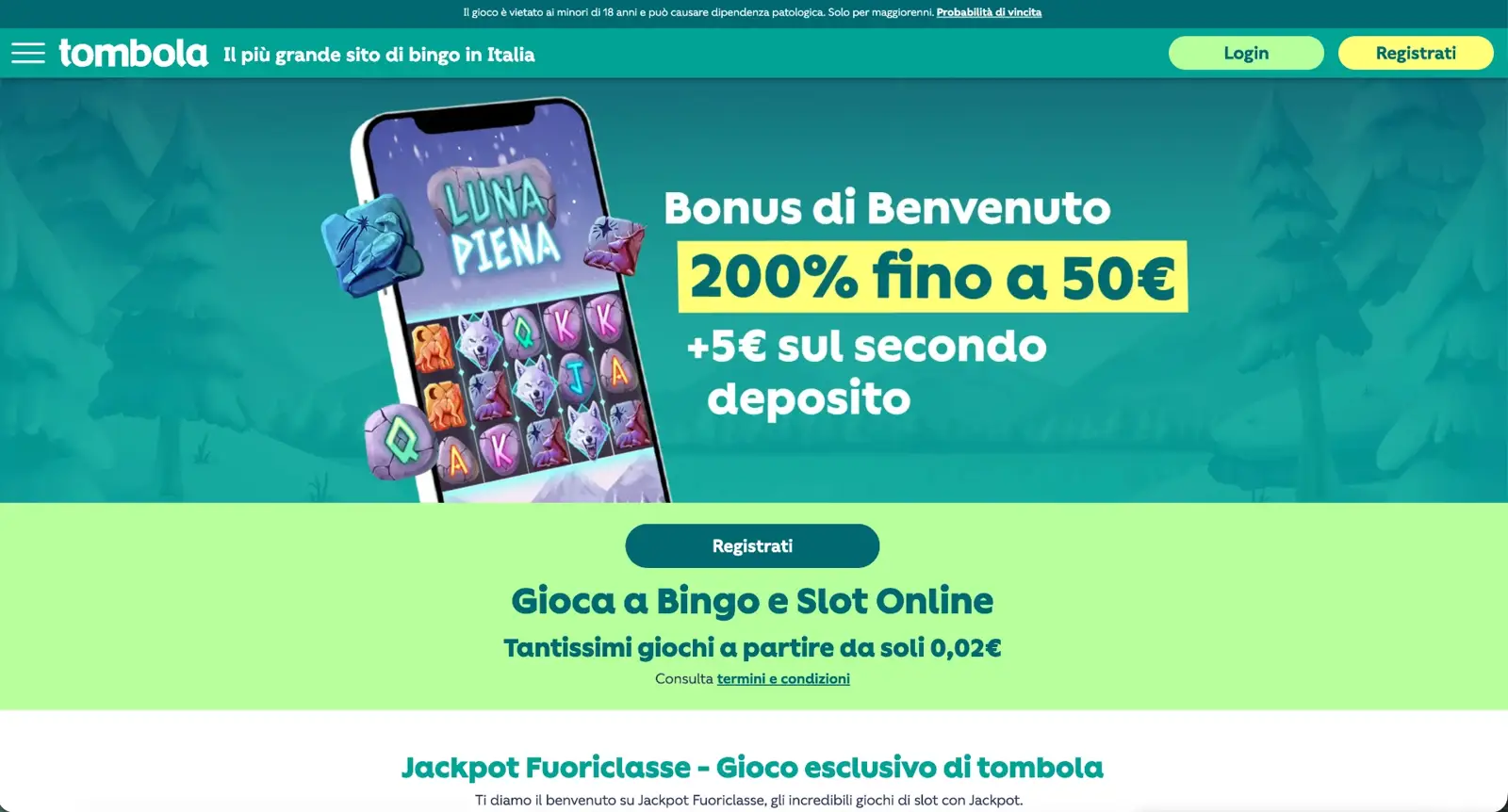 Vista della home di tombola con il bonus di benvenuto